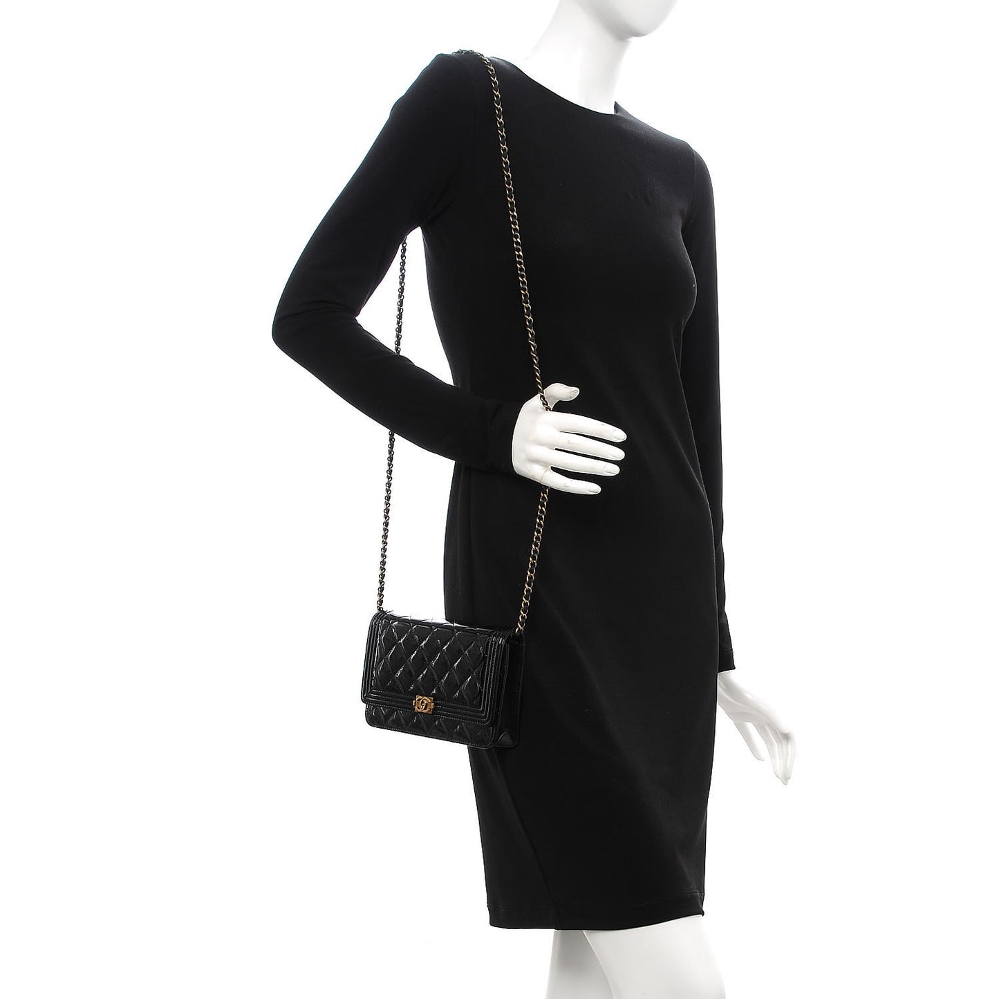 Patent Calfskin Quilted Boy Wallet On Chain WOC Black
