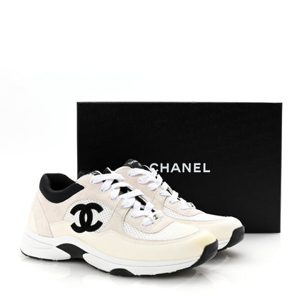 Chanel Mesh Suede Calfskin Grained Calfskin Womens CC Sneakers 41 White Black 10 of 10
