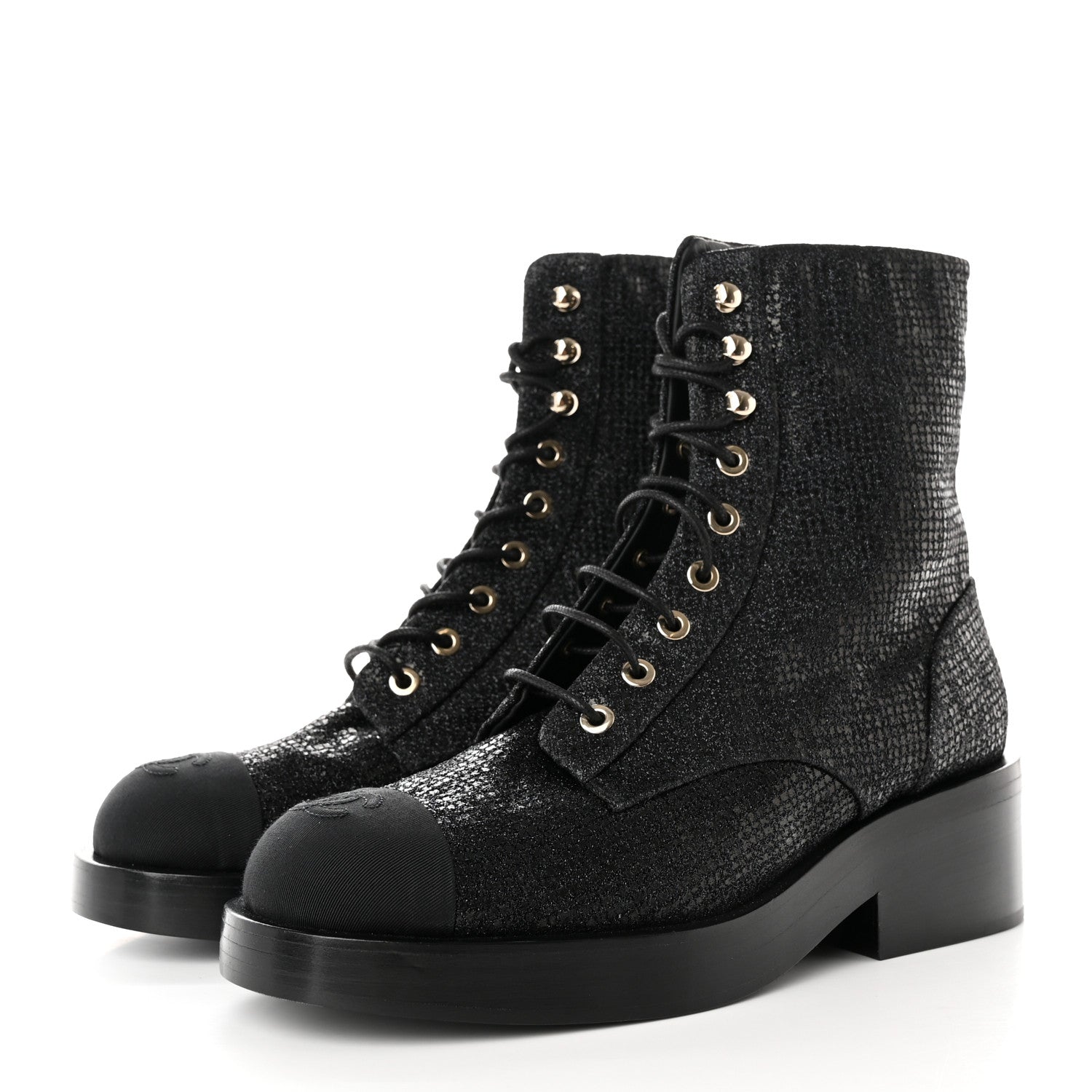 Chanel Fabric Grosgrain CC Combat Short Boots 37.5 Black 3 of 11
