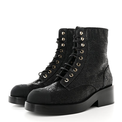 Chanel Fabric Grosgrain CC Combat Short Boots 37.5 Black 3 of 11
