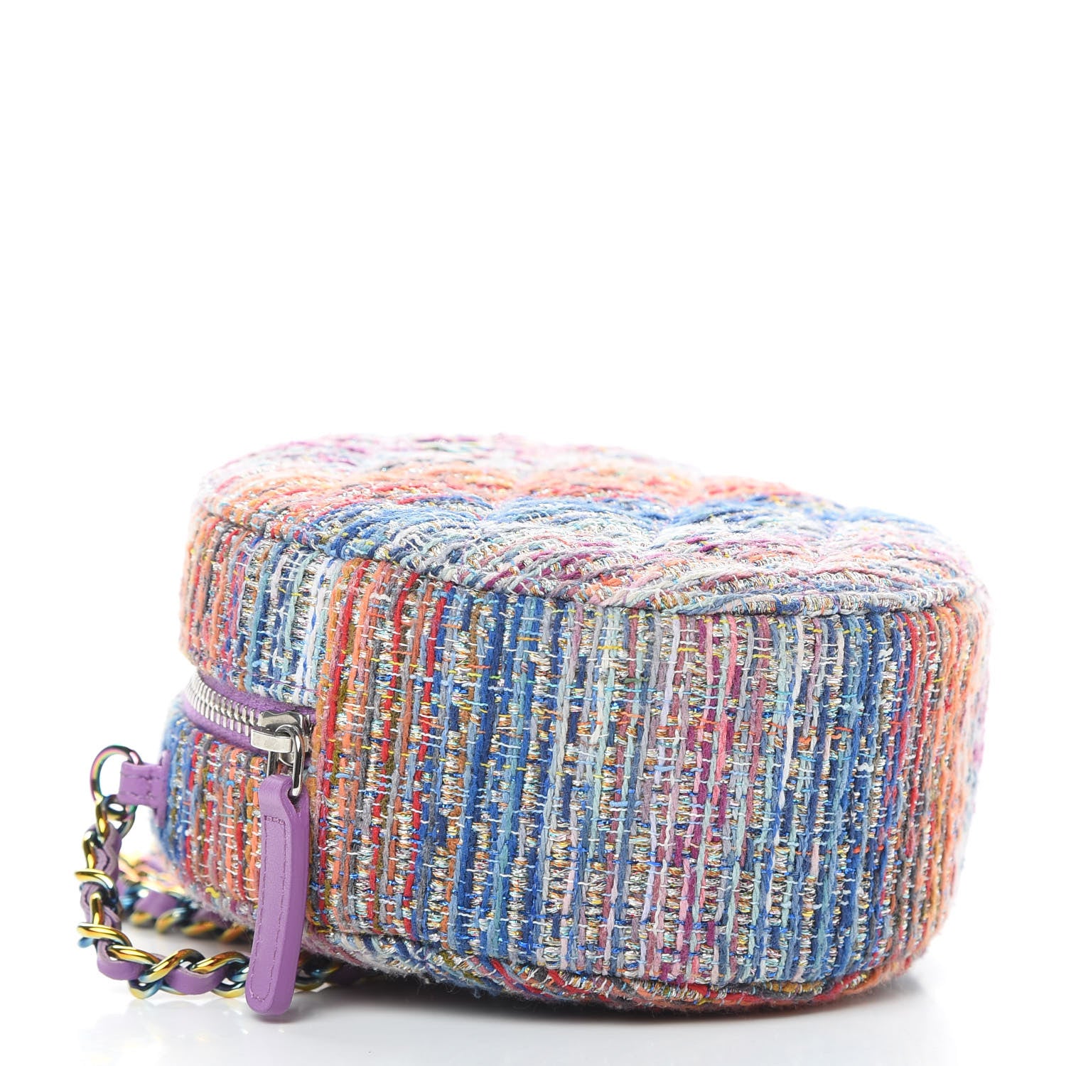 Chanel Tweed Quilted Round Clutch With Chain Blue Pink Orange 4 of 11