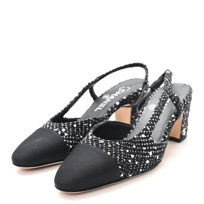Chanel Tweed Polkadot Grosgrain Cap Toe CC Slingback Pumps 36 Black White Silver 4 of 9