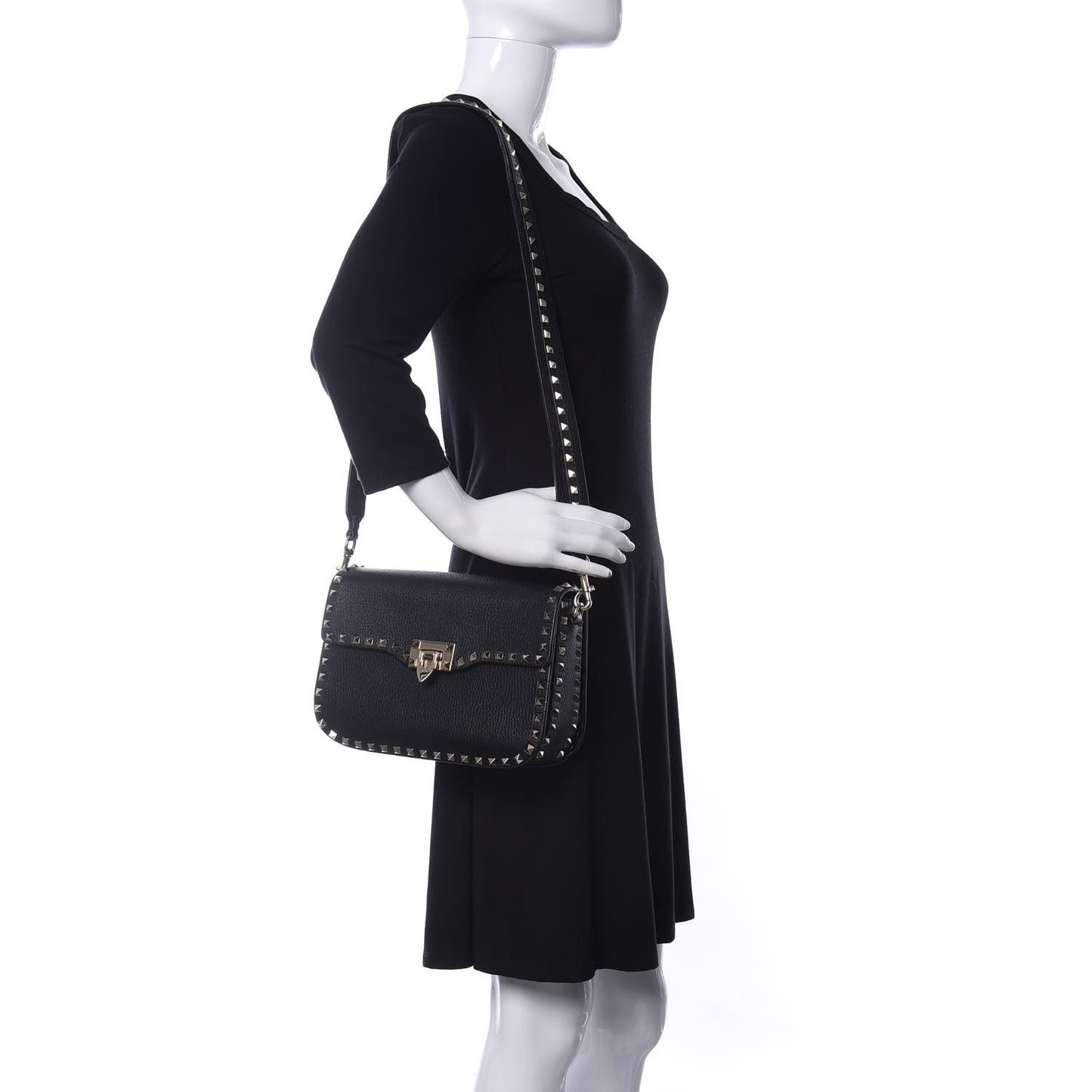 Pebbled Calfskin Rockstud Flap Saddle Bag Black