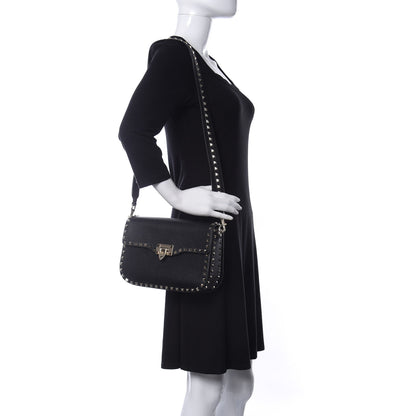 Valentino Garavani Pebbled Calfskin Rockstud Flap Saddle Bag Black 2 of 10