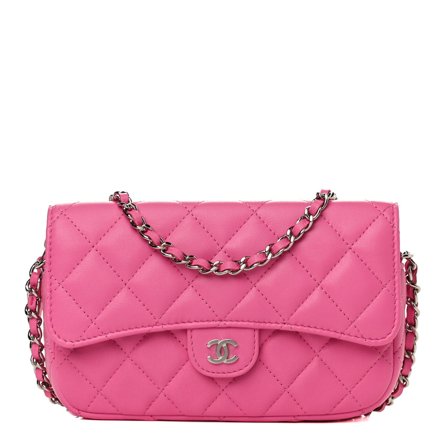 Lambskin Quilted Flap Phone Holder With Chain Neon Pink