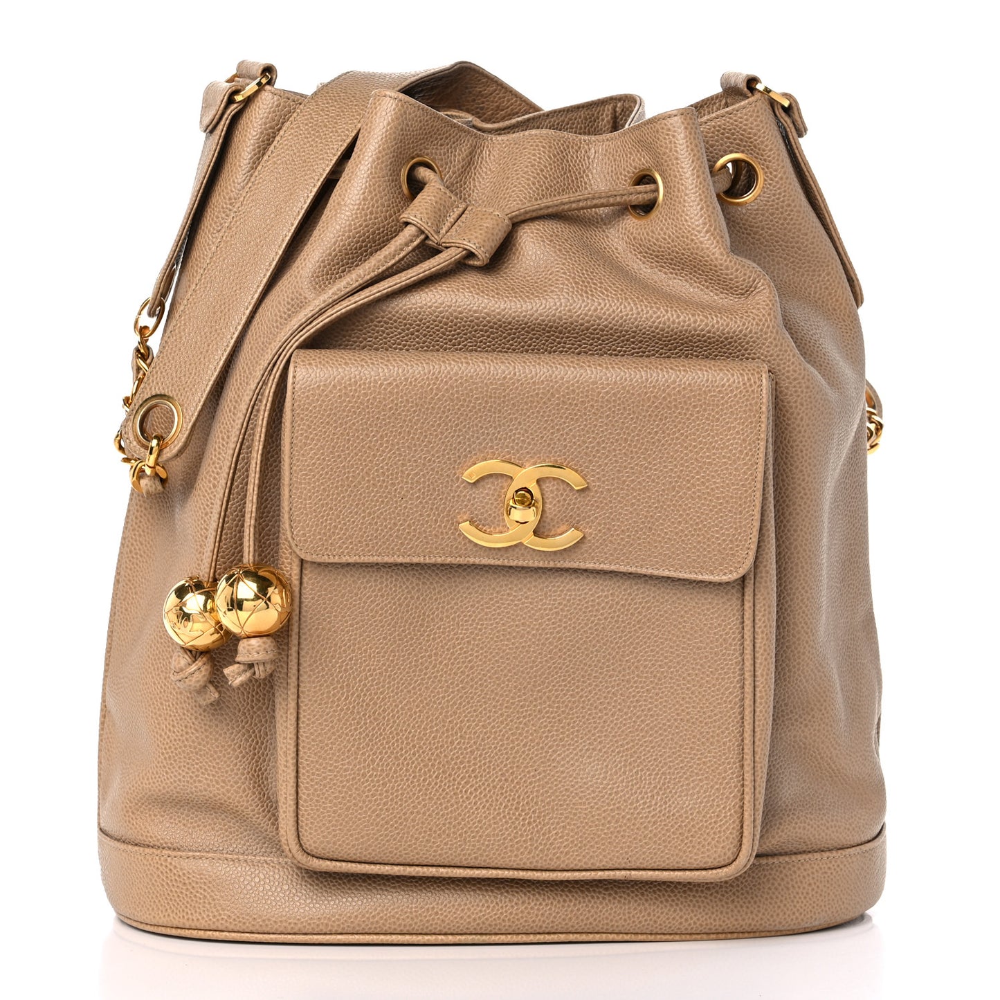 Caviar Drawstring Shoulder Bag Beige
