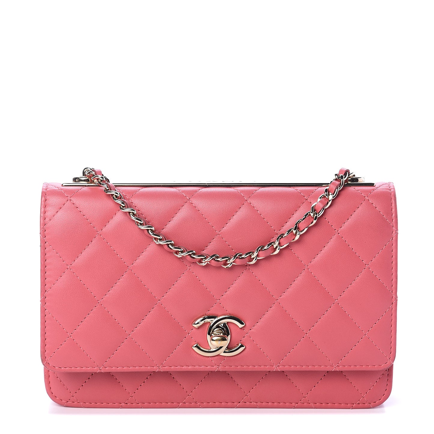 Lambskin Quilted Trendy CC Wallet On Chain WOC Bright Pink