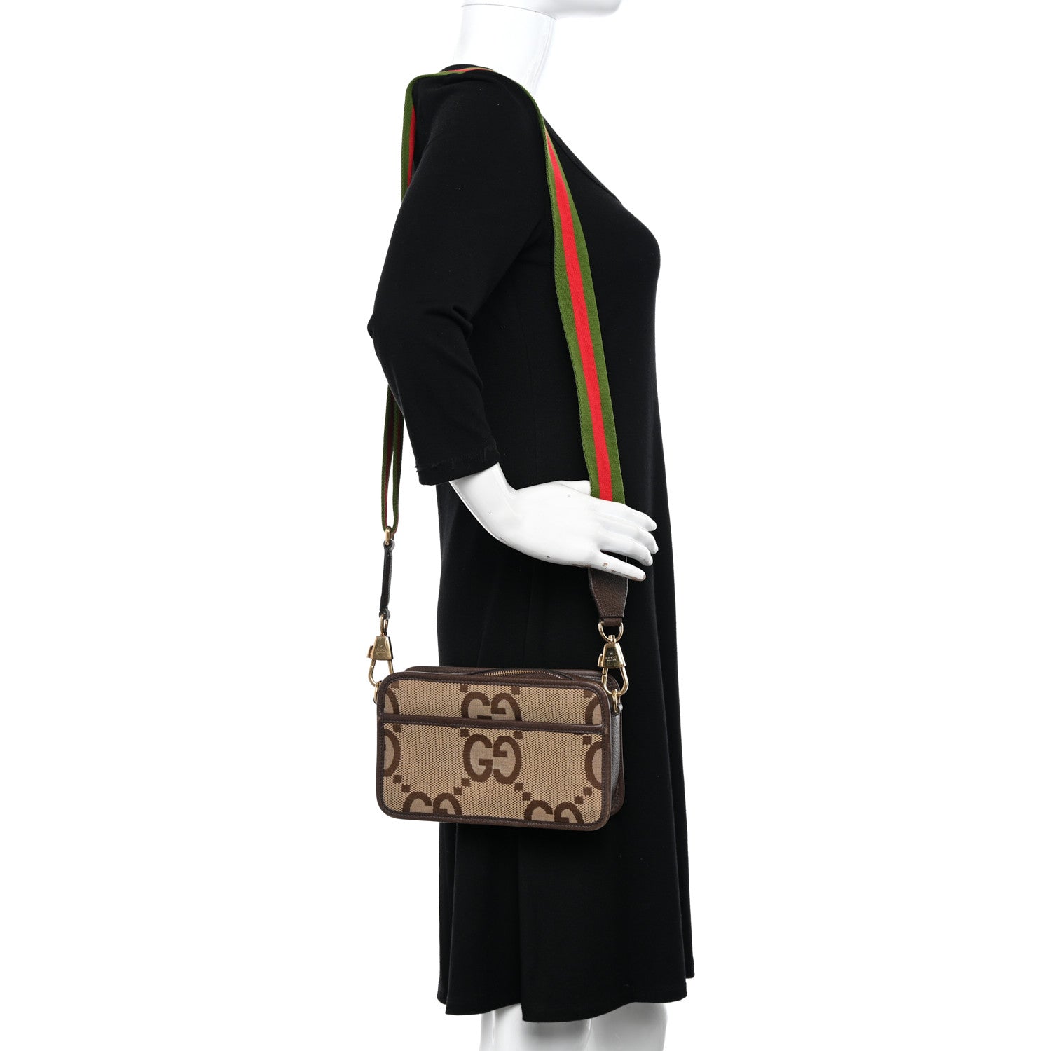 Gucci Monogram Jumbo GG Textured Dollar Calfskin Web Mini Crossbody Bag Camel Ebony New Acero 2 of 11
