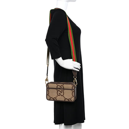 Gucci Monogram Jumbo GG Textured Dollar Calfskin Web Mini Crossbody Bag Camel Ebony New Acero 2 of 11
