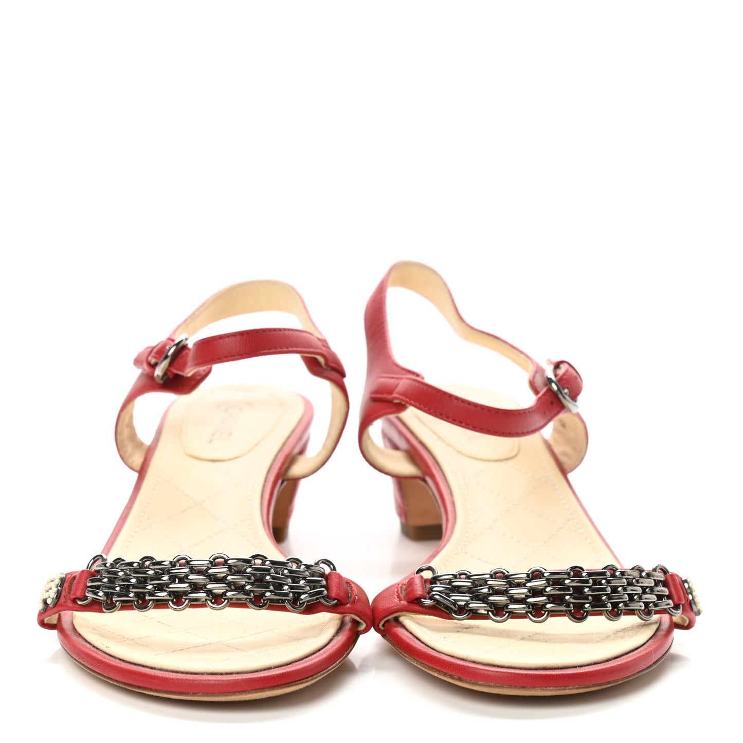Lambskin CC Pearl Chain Sandals 37 Red