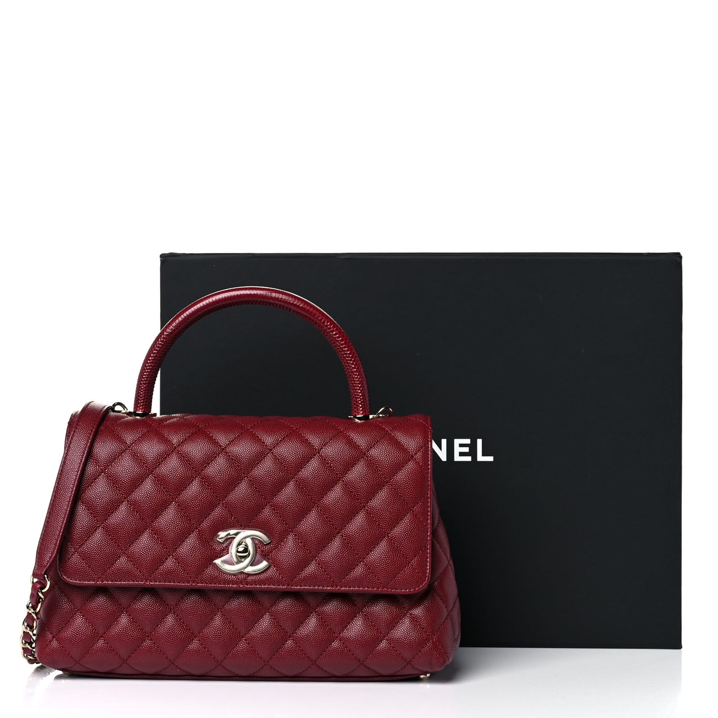 Caviar Lizard Embossed Quilted Small Coco Handle Flap Burgundy