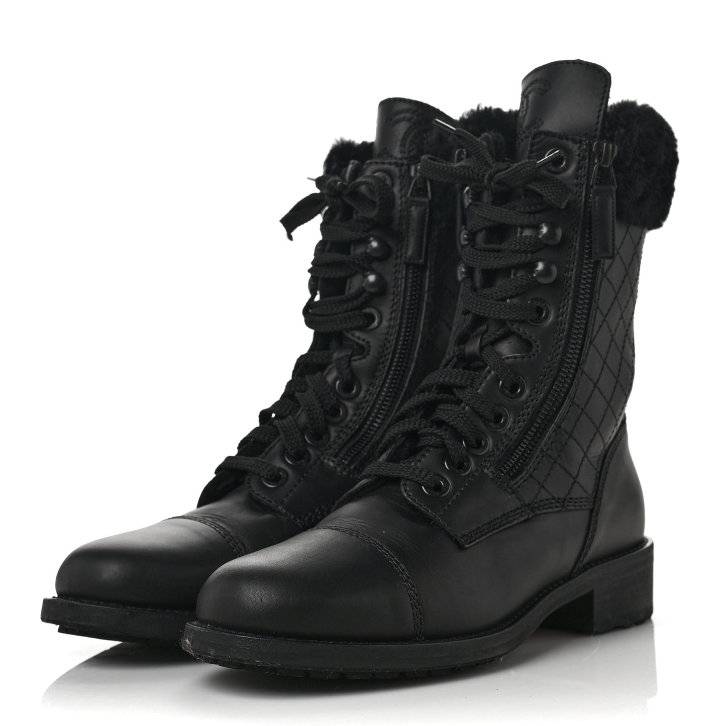 Calfskin Quilted CC Tall Lace Up Combat Boots 37 Black