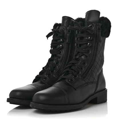 Chanel Calfskin Quilted CC Tall Lace Up Combat Boots 37 Black 3 of 6