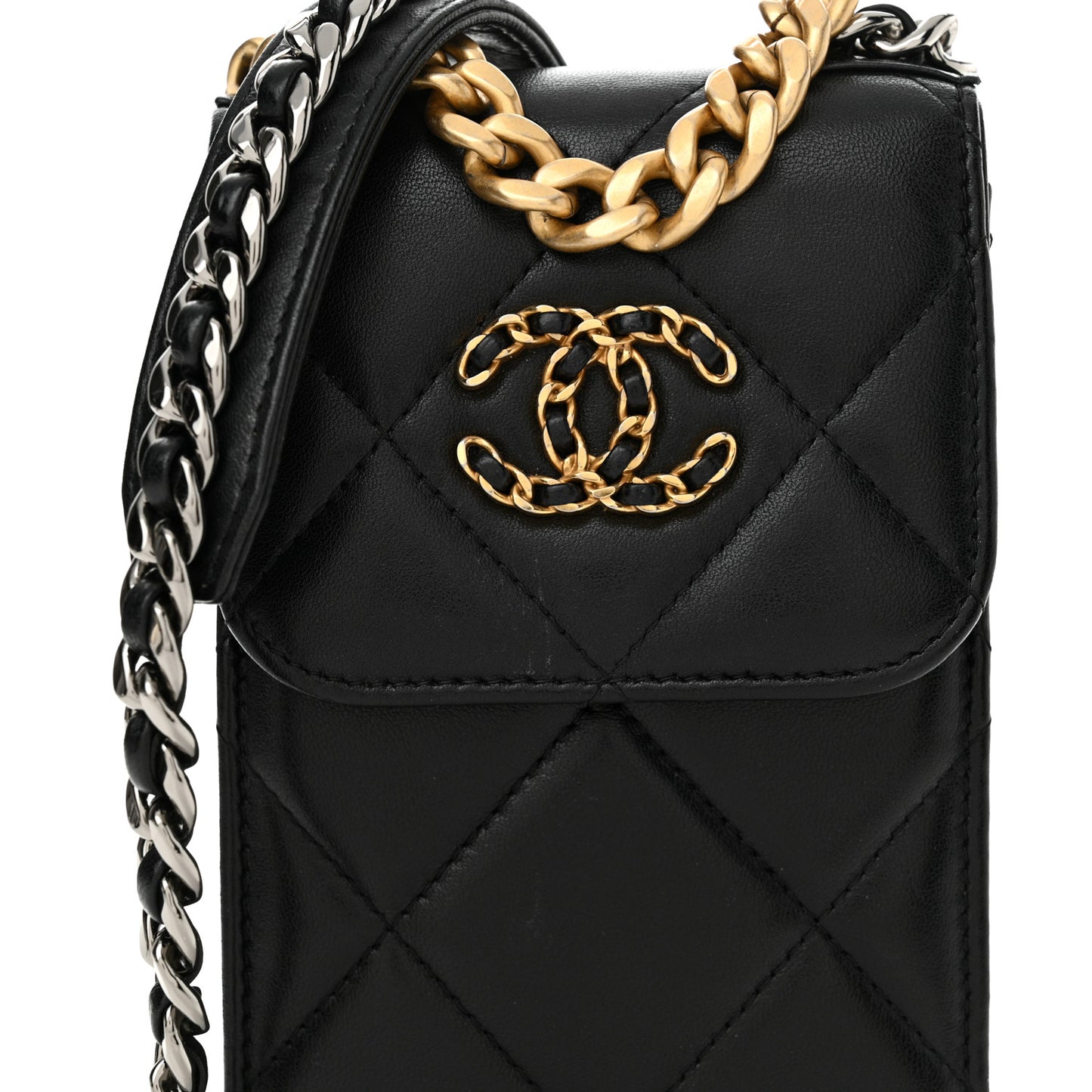 Lambskin Quilted Chanel 19 Phone Holder With Chain Black