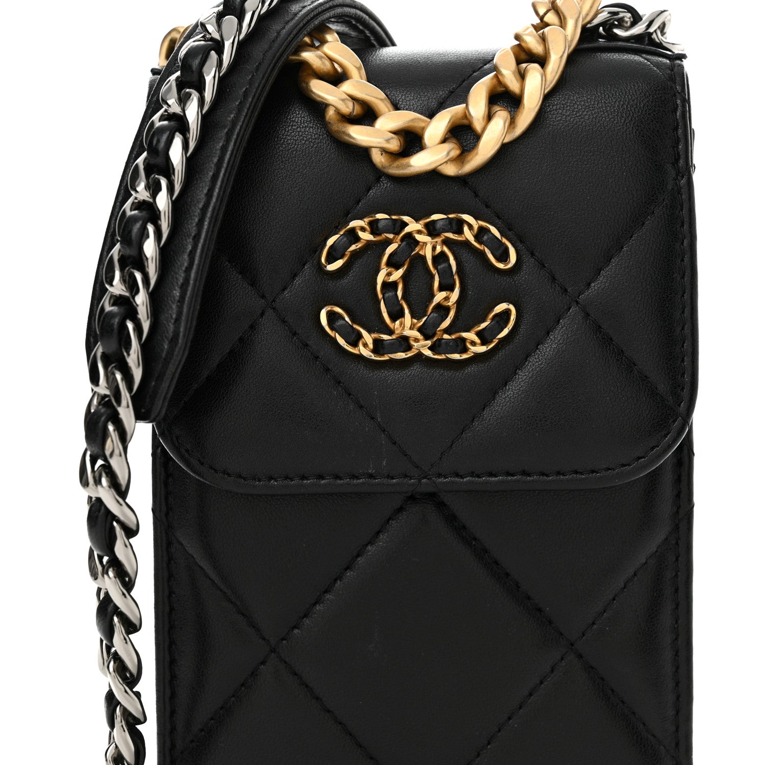 Chanel Lambskin Quilted Chanel 19 Phone Holder With Chain Black 9 of 12