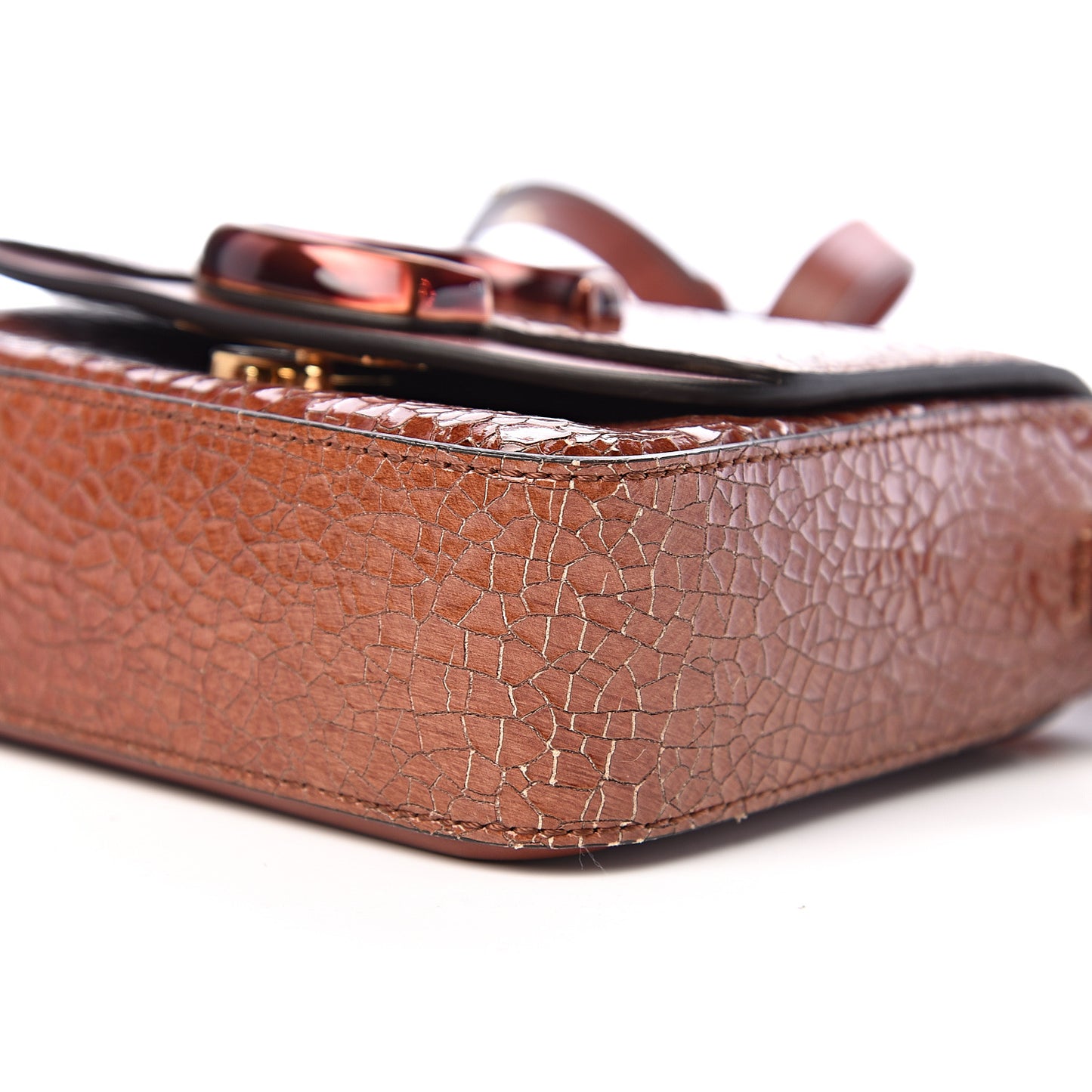 Patent Textured Shiny Calfskin Mini C Double Carry Sepia Brown