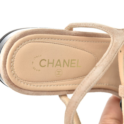 Chanel Suede Patent Calfskin Camellia Thong Sandals 37.5 Beige Black 10 of 11