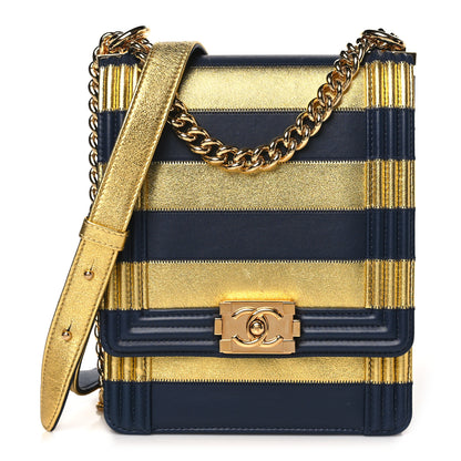 Chanel Metallic Lambskin Striped North South Boy Flap Navy Gold 1 of 9