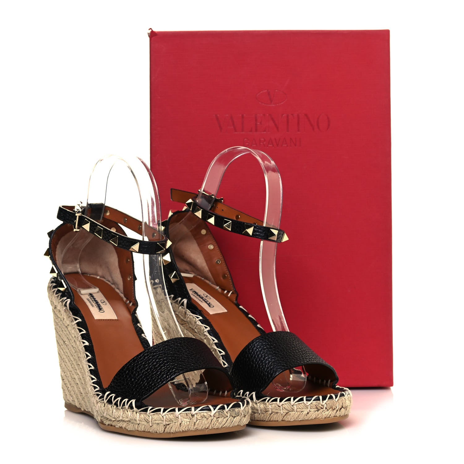 Valentino Garavani Grained Calfskin Rockstud Ankle Strap Espadrille 15/105mm Wedge Sandals 38 Black Light Cuir Natural 8 of 8