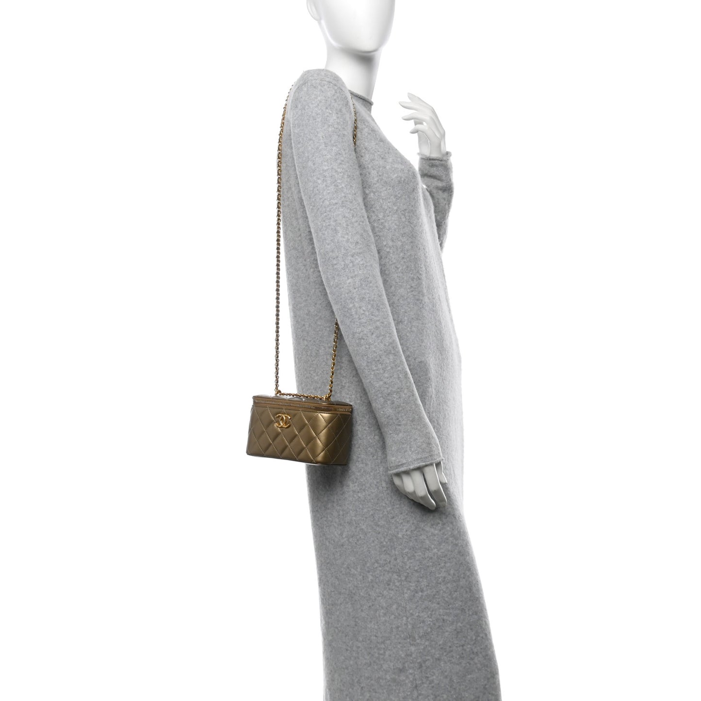 Metallic Lambskin Quilted Small CC Dynasty Vanity Case With Chain Gold