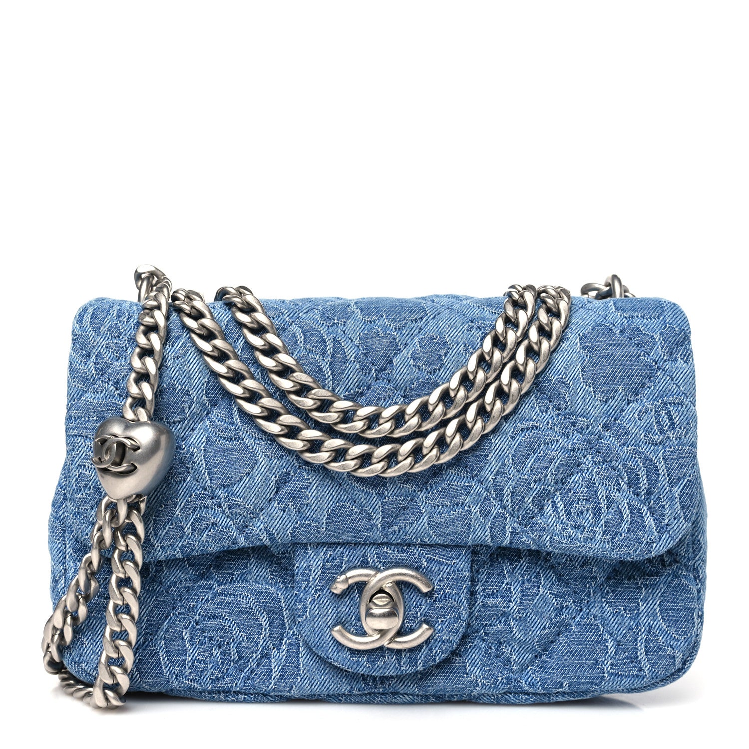 Chanel Denim Quilted Camellia Sweetheart Mini Rectangular Flap
