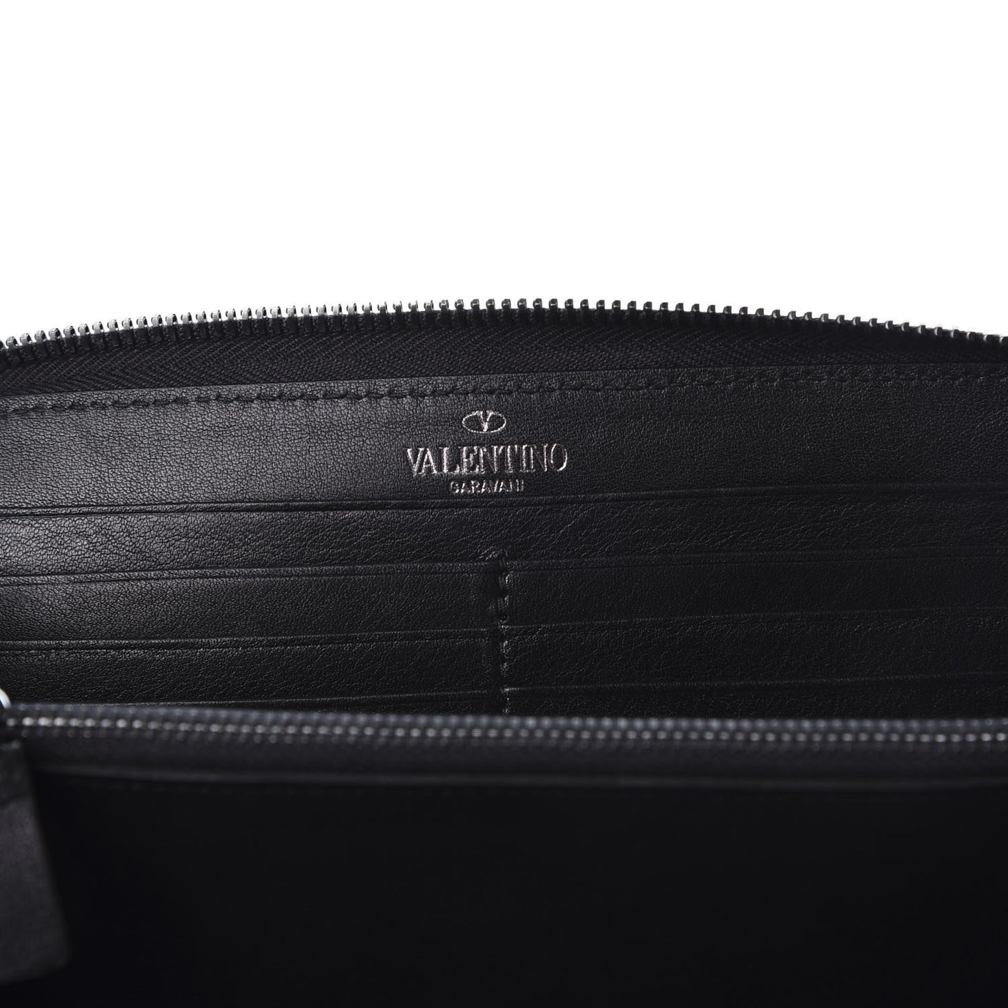 Calfskin Rockstud All Over Zip Around Wallet Black