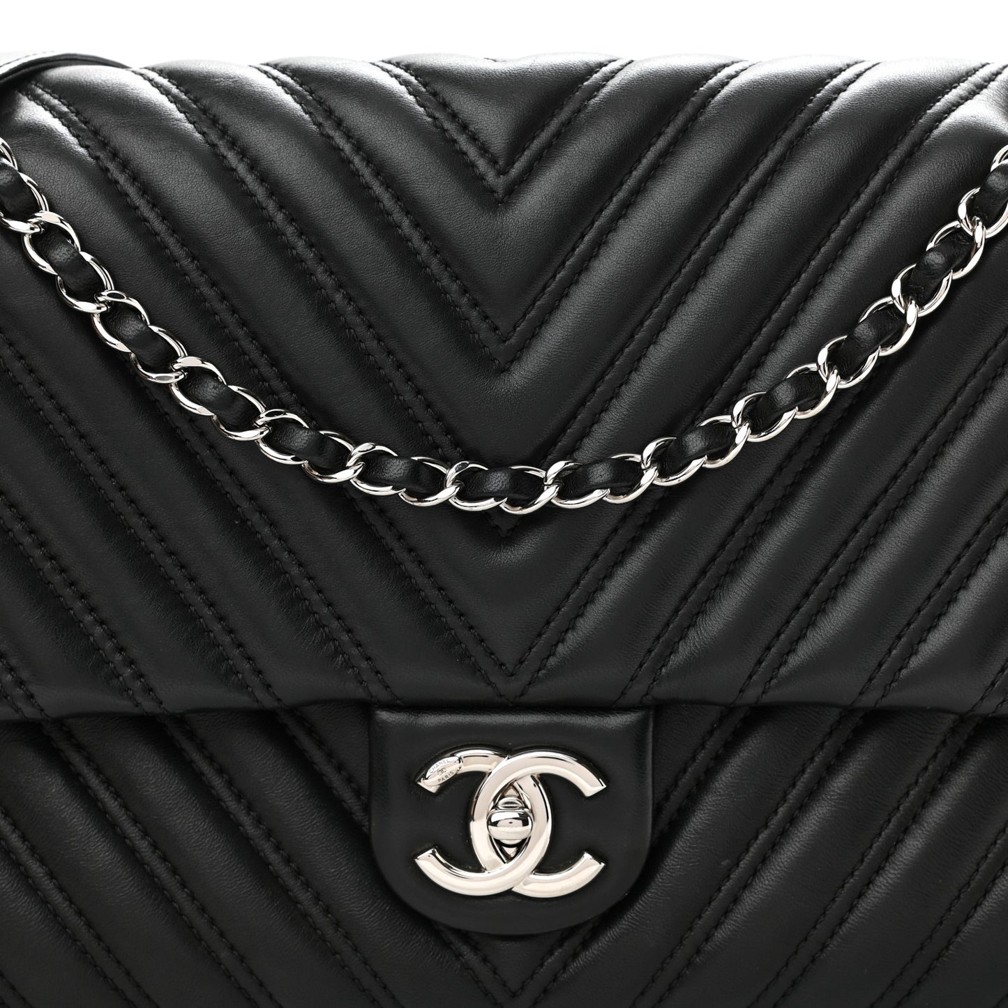 Lambskin Chevron Quilted Double Stitch Jumbo Single Flap Black