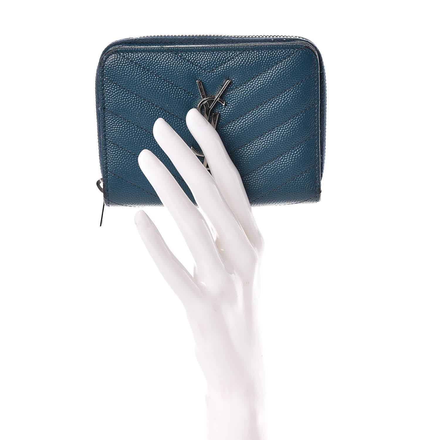 Saint Laurent Grain De Poudre Matelasse Compact Zip Around Wallet Peacock Green 2 of 21