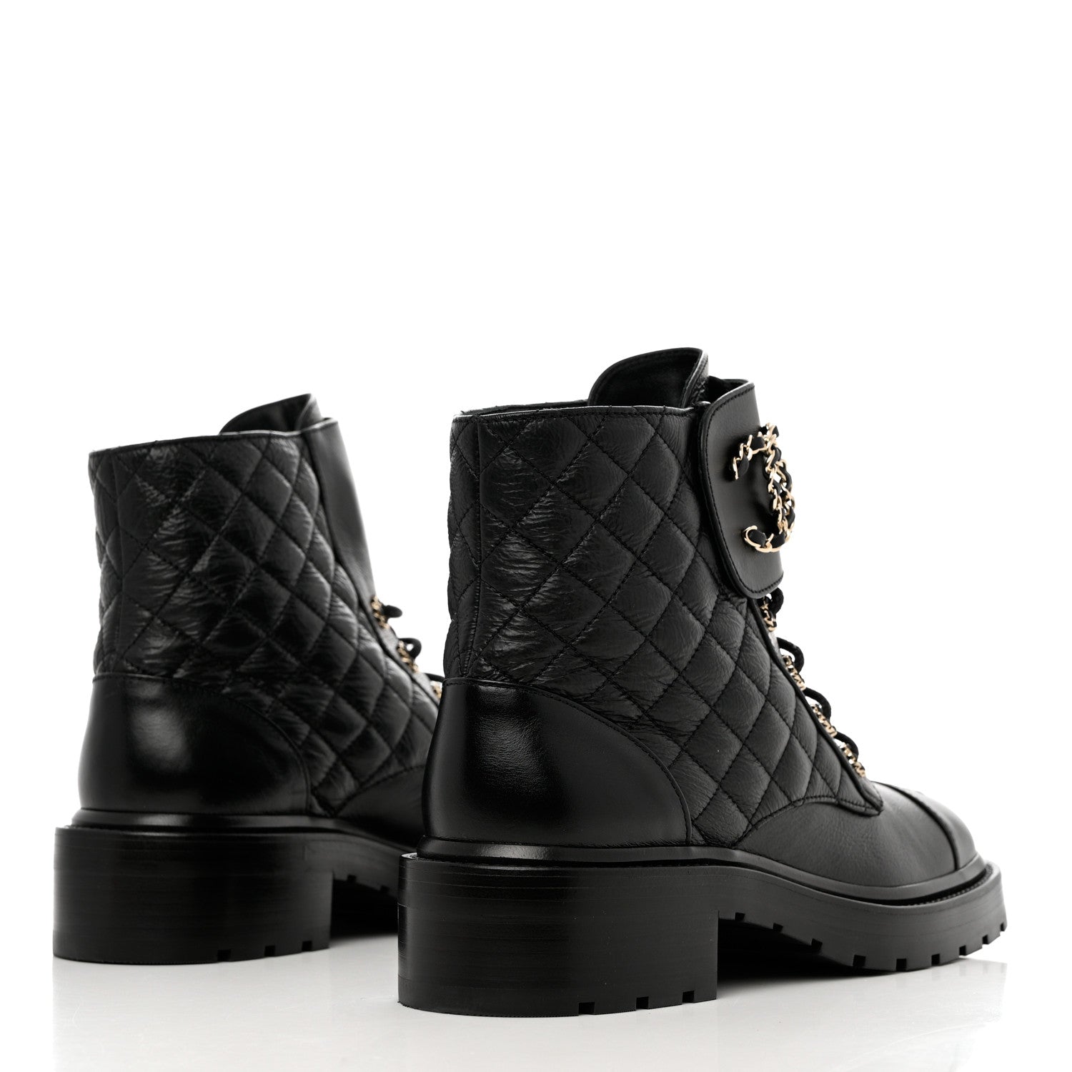 Chanel Shiny Goatskin Calfskin Quilted Lace Up Combat Boots 40 Black 4 of 9