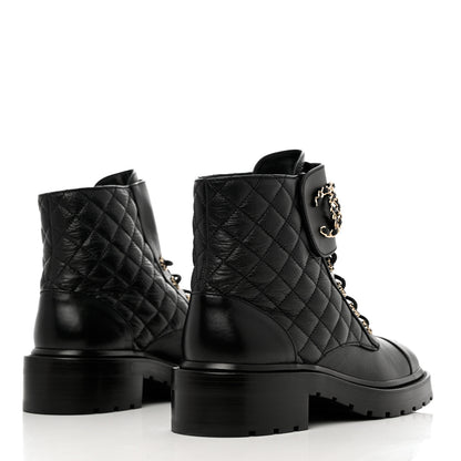 Chanel Shiny Goatskin Calfskin Quilted Lace Up Combat Boots 40 Black 4 of 9