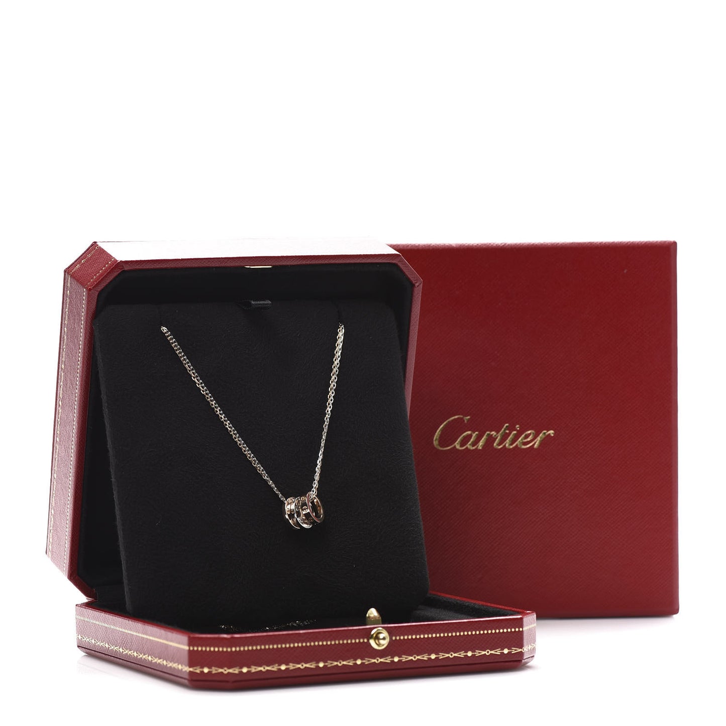 18K White Pink Gold Diamond Three Ring LOVE Pendant Necklace