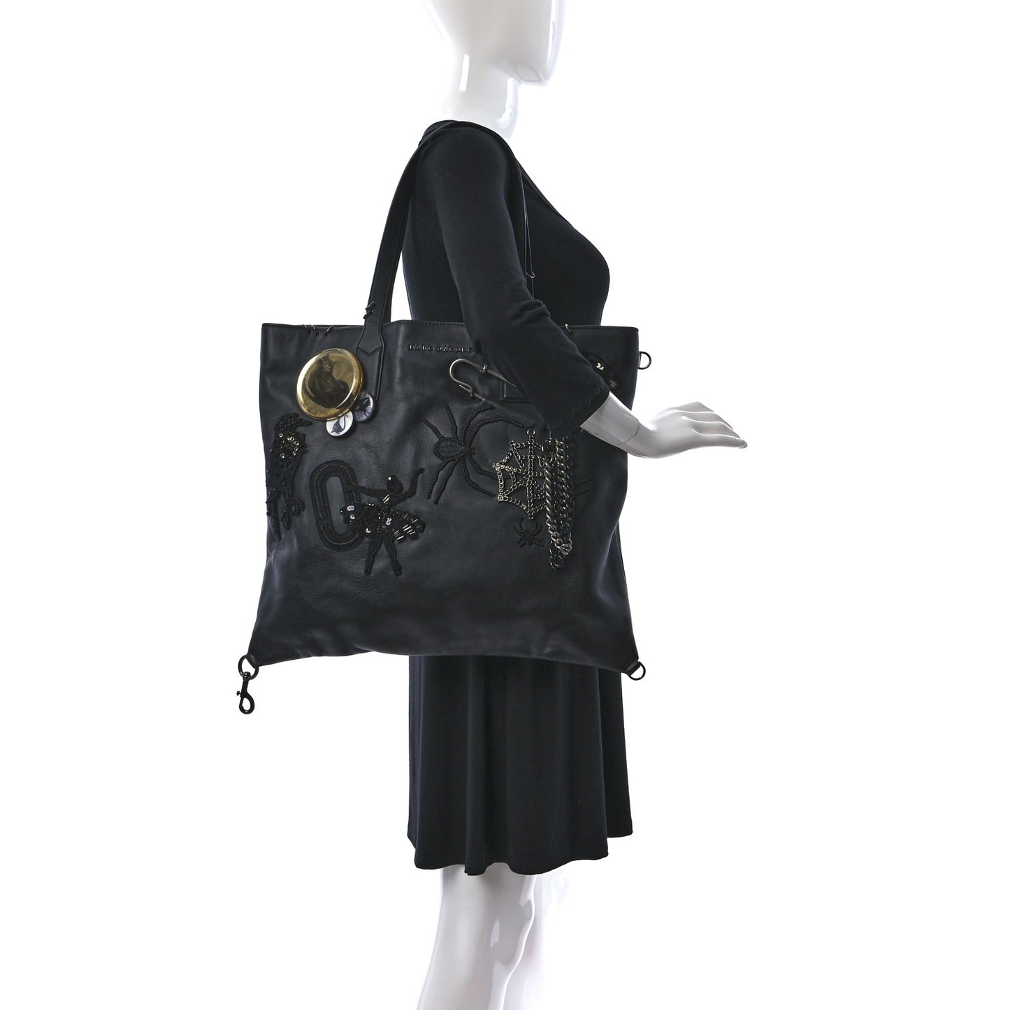 Calfskin Large Wingman Badges Shopping Tote Black