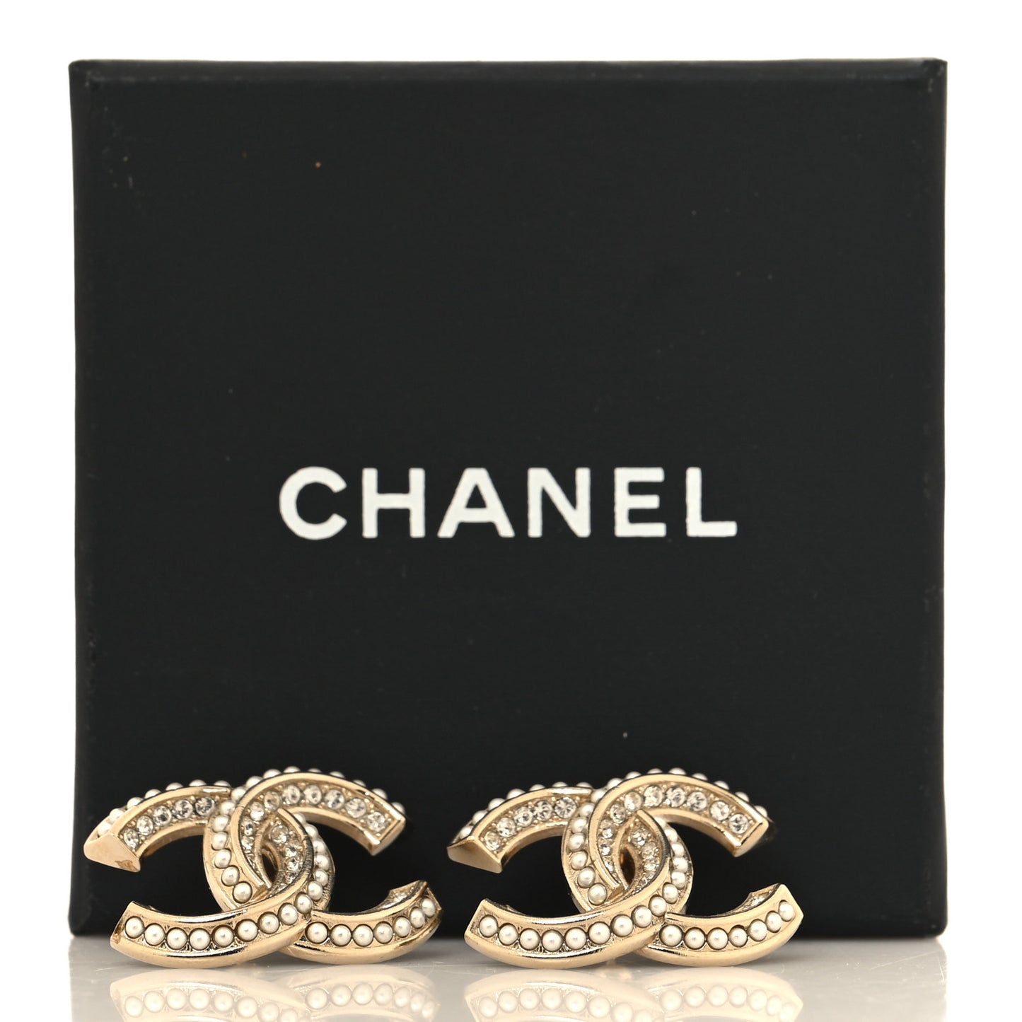 Crystal Pearl Chain Mania CC Earrings Gold