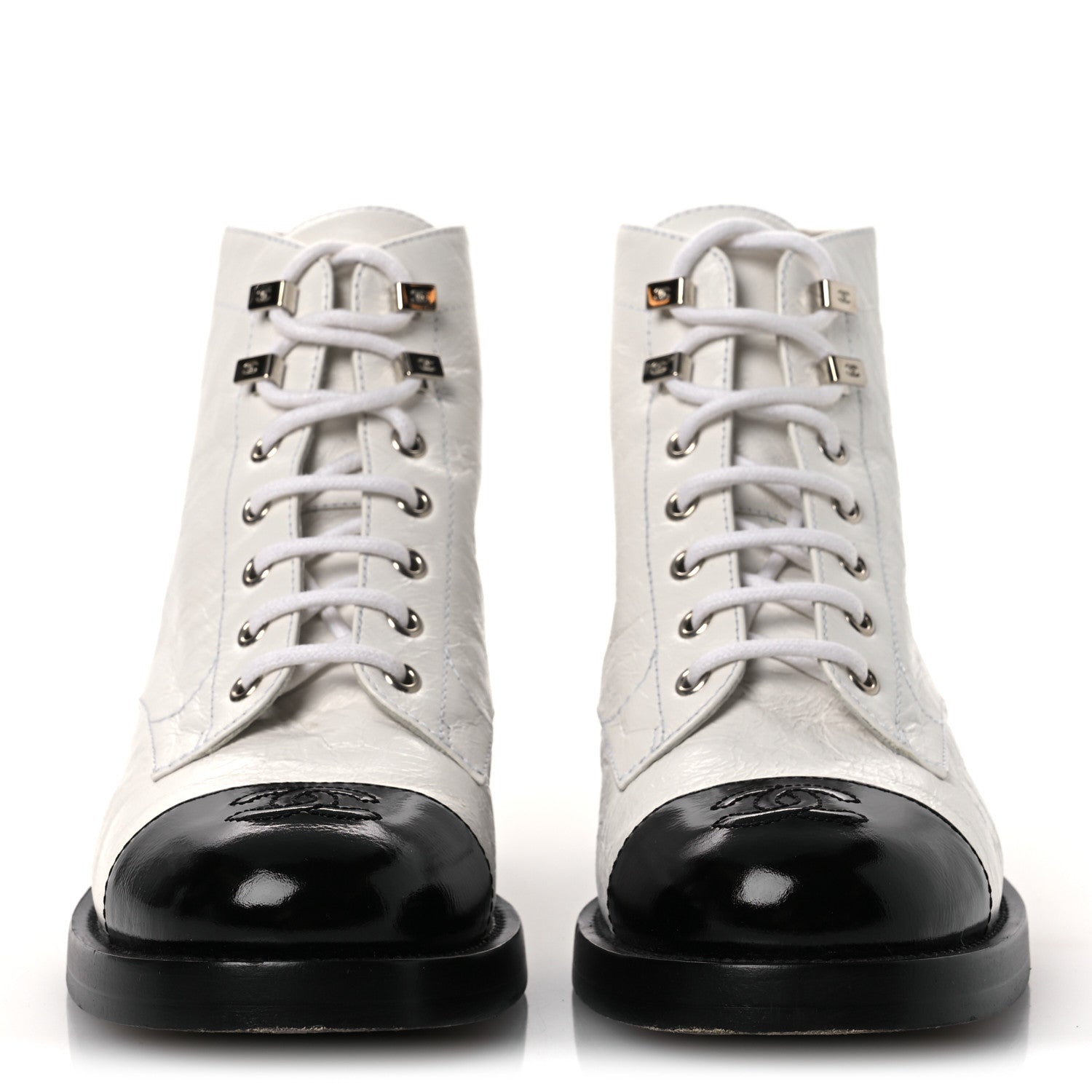 Chanel Distressed Patent Cap Toe Combat Boots 38 White Black 3 of 12