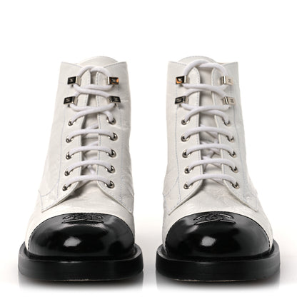 Chanel Distressed Patent Cap Toe Combat Boots 38 White Black 3 of 12
