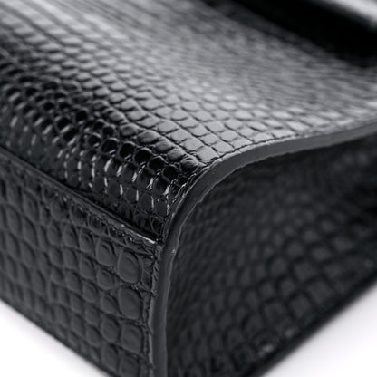 Saint Laurent Shiny Calfskin Crocodile Embossed Manhattan Baguette Black 8 of 13