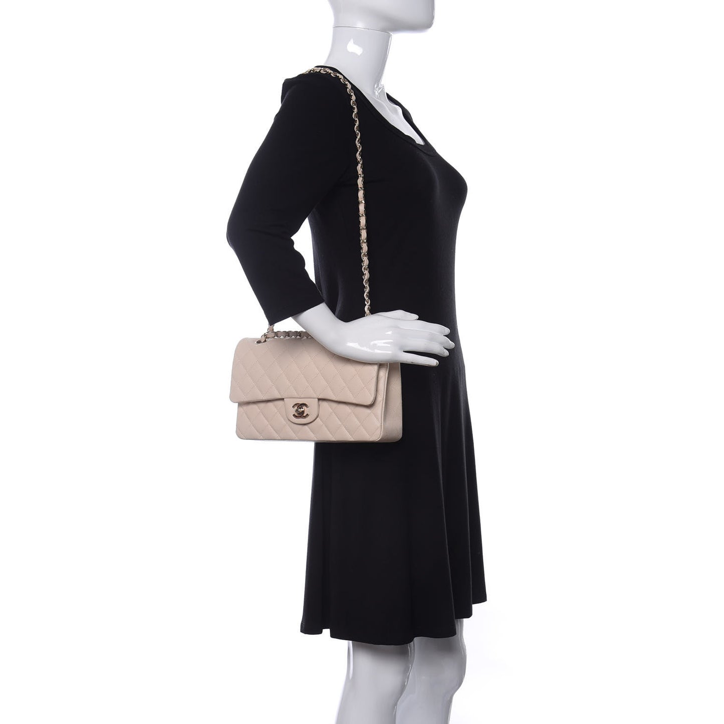 Caviar Quilted Medium Double Flap Beige