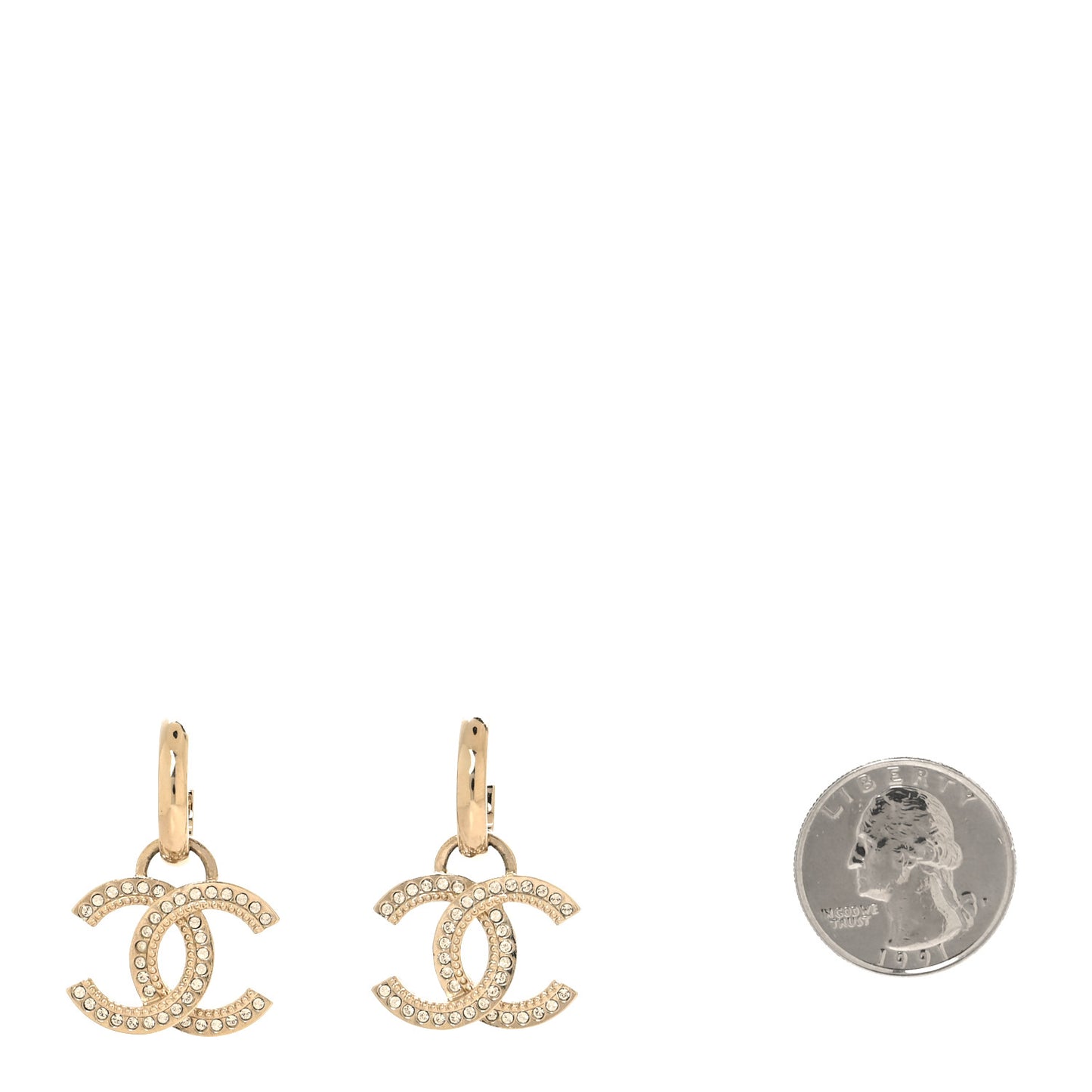 Metal Crystal Studded CC Hoop Drop Earrings Gold