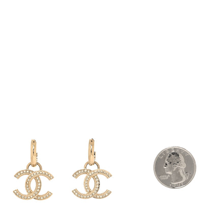 Chanel Metal Crystal Studded CC Hoop Drop Earrings Gold 2 of 5