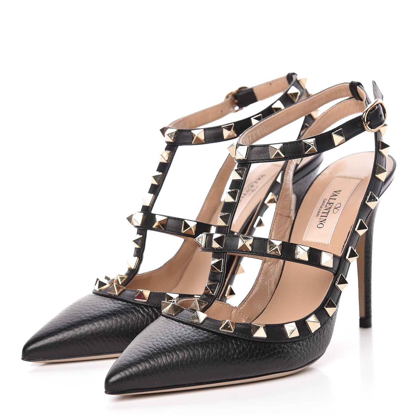 Pebbled Calfskin Rockstud Ankle Strap Pumps 36 Black