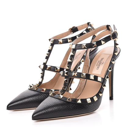Valentino Garavani Pebbled Calfskin Rockstud Ankle Strap Pumps 36 Black 3 of 10