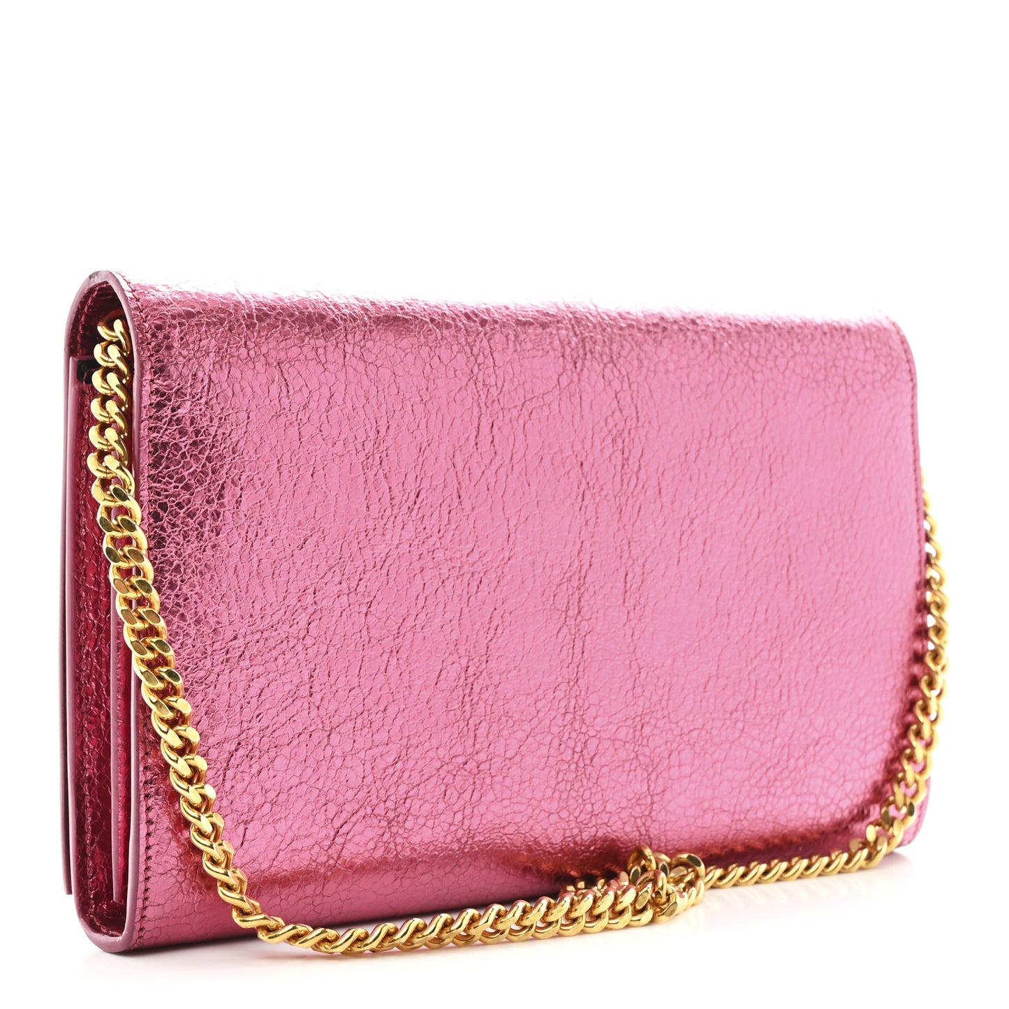 Metallic Grained Calfskin Classic Letters Chain Wallet New Pink