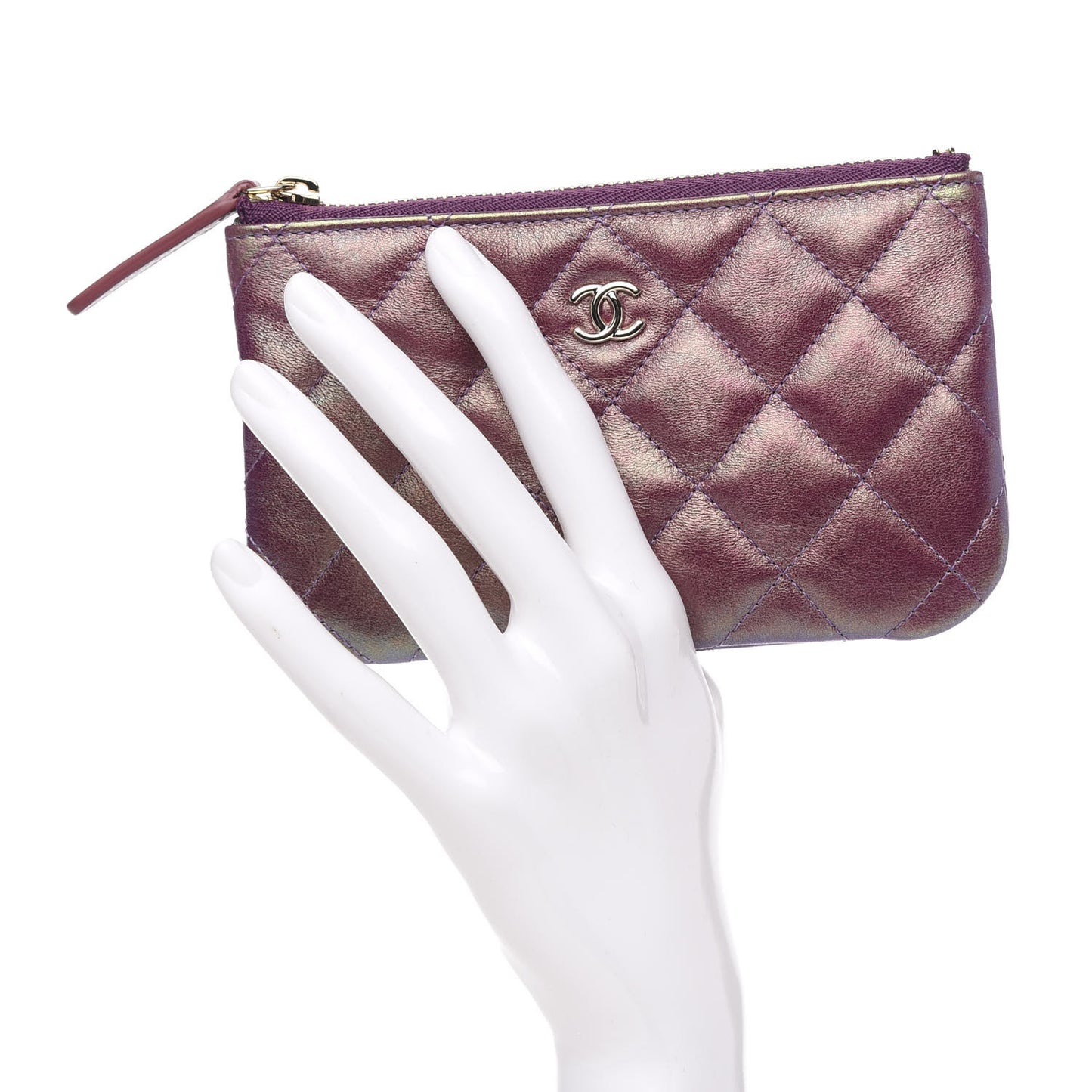 Iridescent Lambskin Quilted Small Cosmetic Case Purple