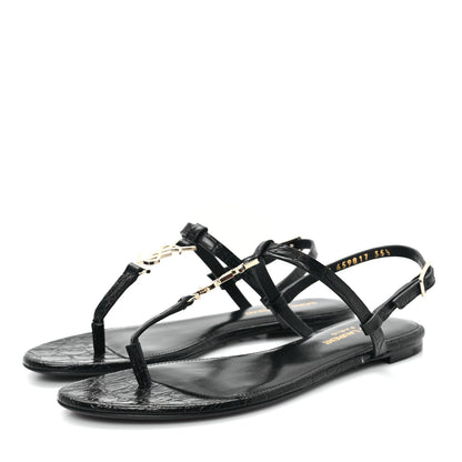 Saint Laurent Calfskin Crocodile Embossed Cassandra Monogram Sandals 35.5 Black 4 of 11