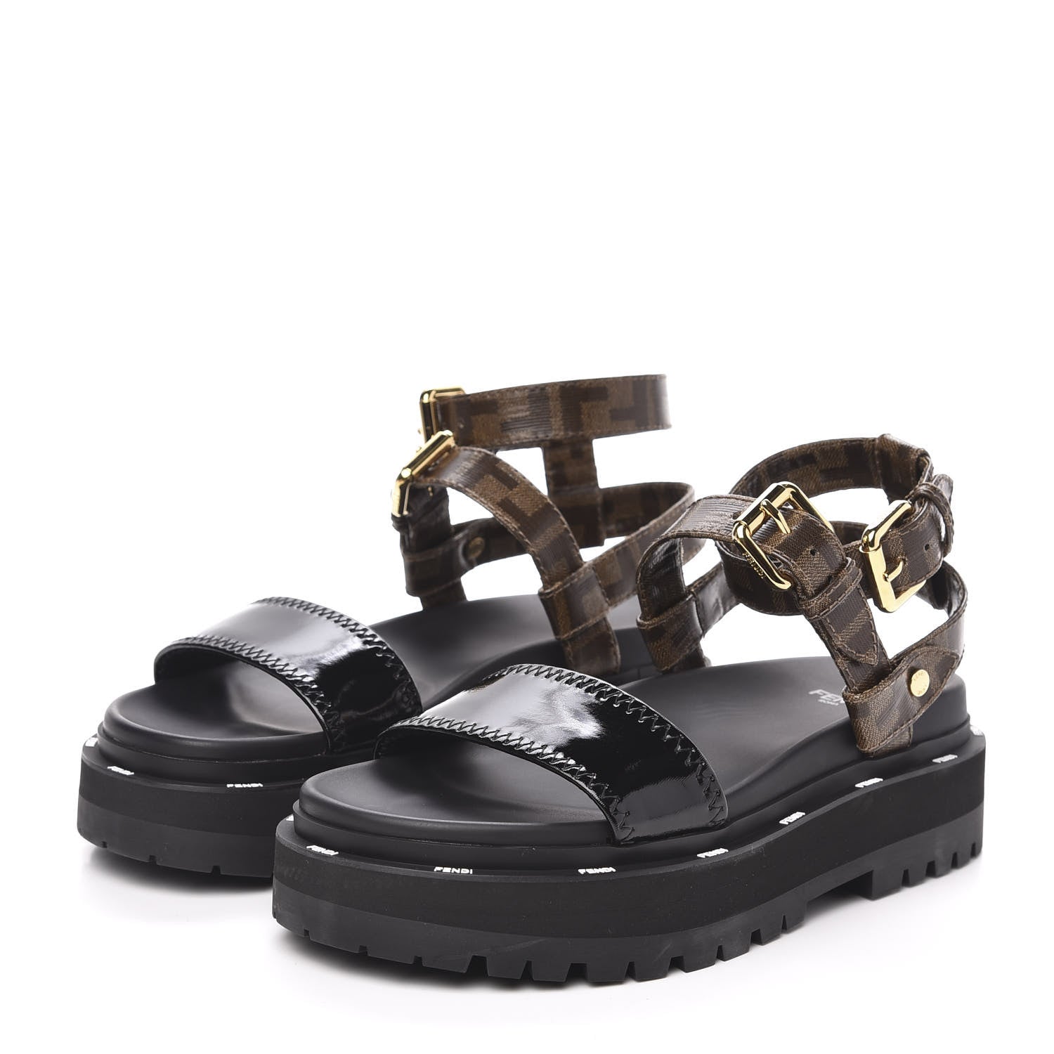 Fendi Vernice High-Tech Glazed Fabric FF Lug Sole Platform Sandals 37 Black Tobacco Moro 3 of 8