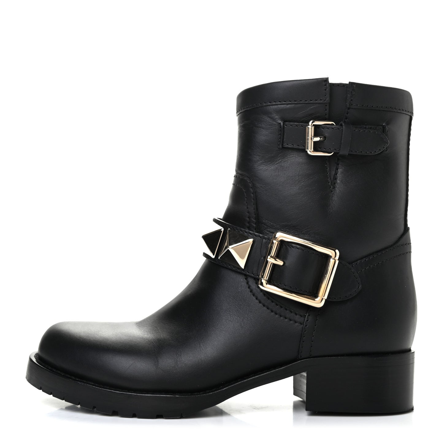 Calfskin Lock Studded 30mm Biker Boots 35.5 Black
