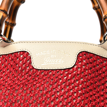 Gucci Straw Calfskin Bamboo Shopper Tote Raspberry 8 of 10