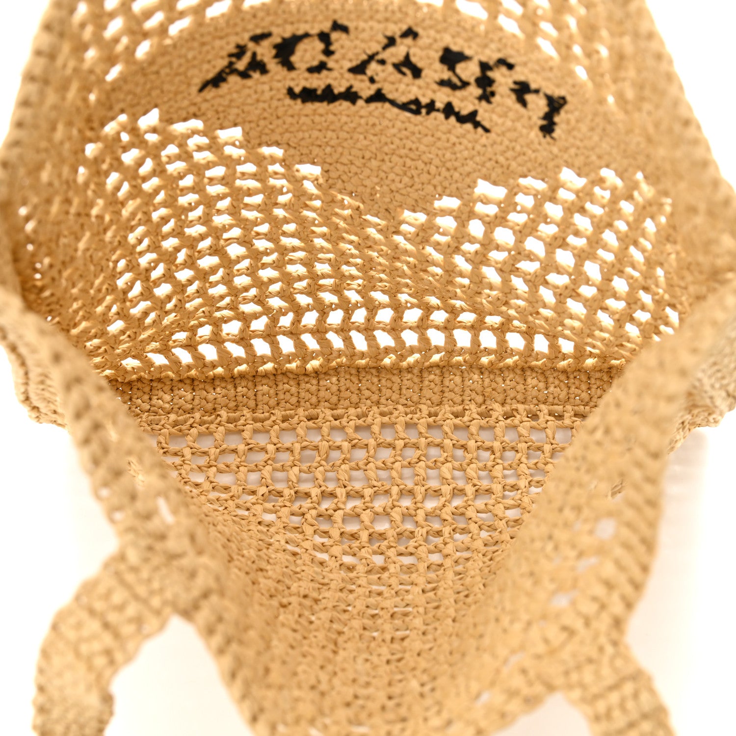 Prada Yarn Raffia Effect Crochet Logo Embroidered Tote Bag Naturale 5 of 9