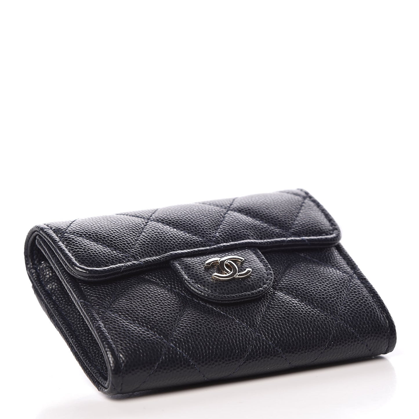 Caviar Quilted Flap Card Holder Wallet Navy