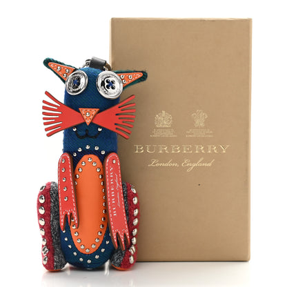 Burberry Calfskin Wool Cashmere Studded Cat Bag Charm Navy Multicolor 4 of 4